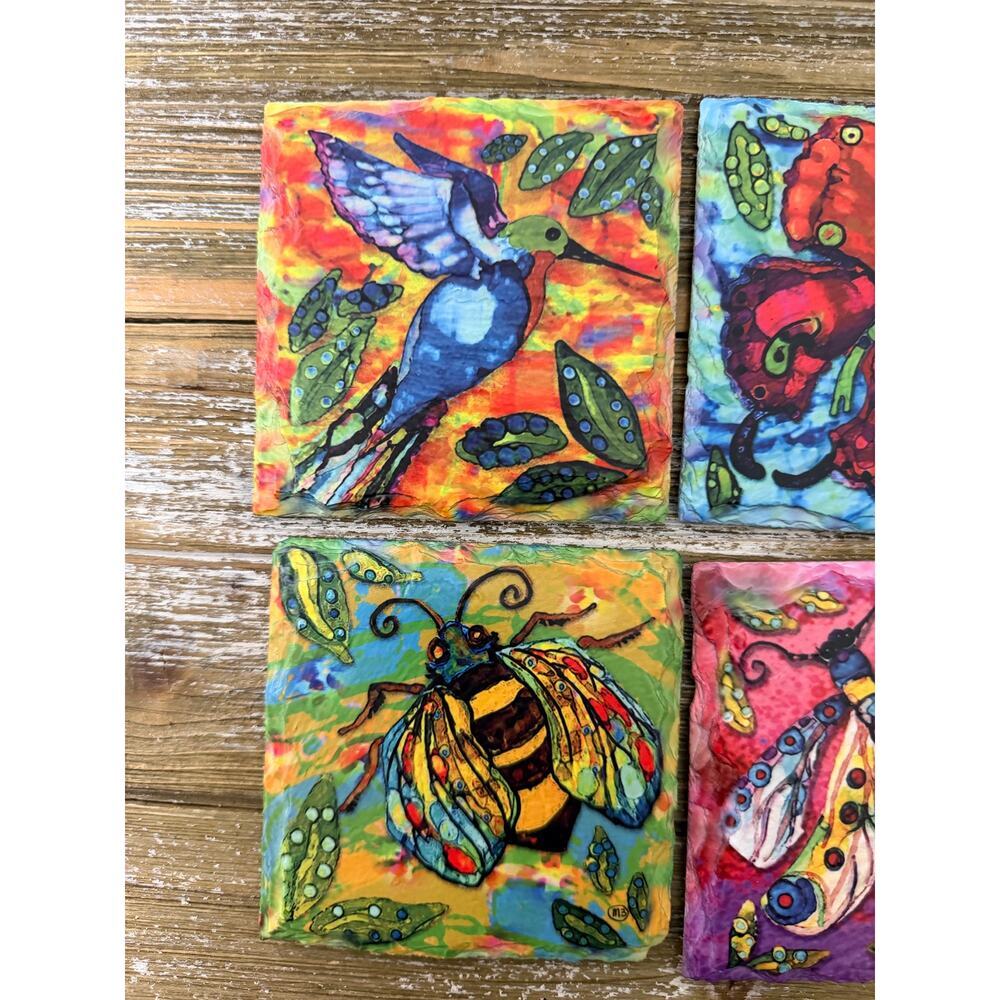 Handpainted Art Coaster Set Folk Art Hummingbird Bee Butterfly Boho Colorful - Picture 2 of 5